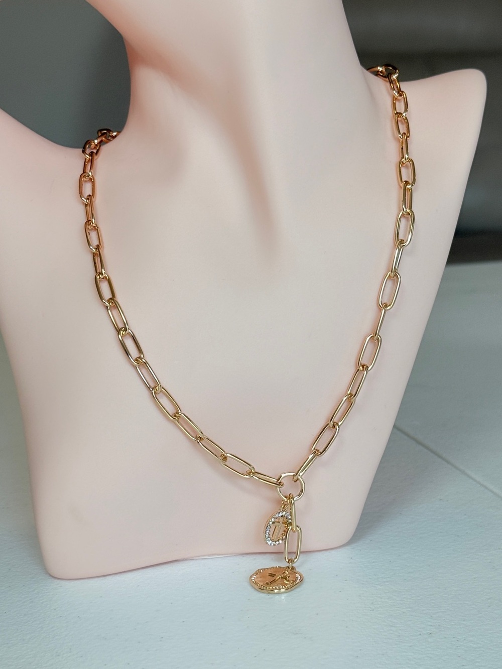 Gold-Tone Link Necklace with Cross Coin and Crystal Charm - Picture 6 of 10